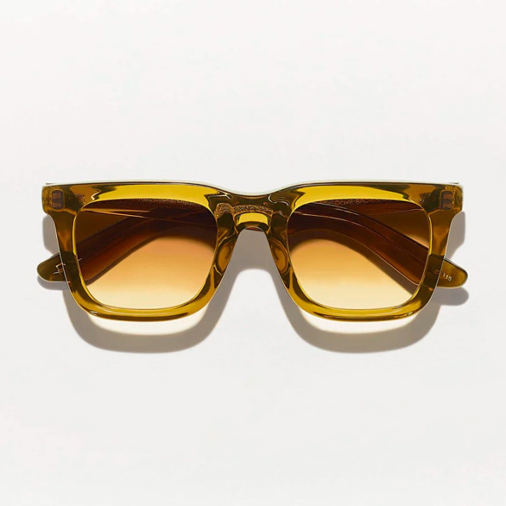 The Moscot Rizik Sun Olive Brown with Chestnut Fade lenses