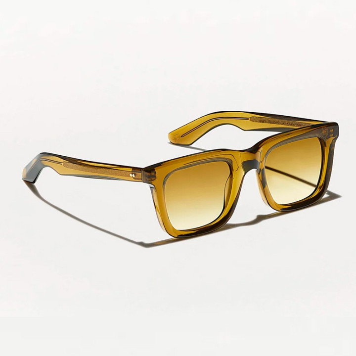 The Moscot Rizik Sun Olive Brown with Chestnut Fade lenses 3q view