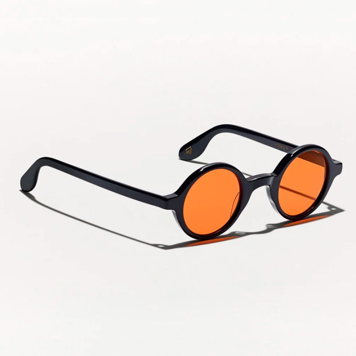 The Zolman Sun in Black with woodstock orange custom made tints 3q view